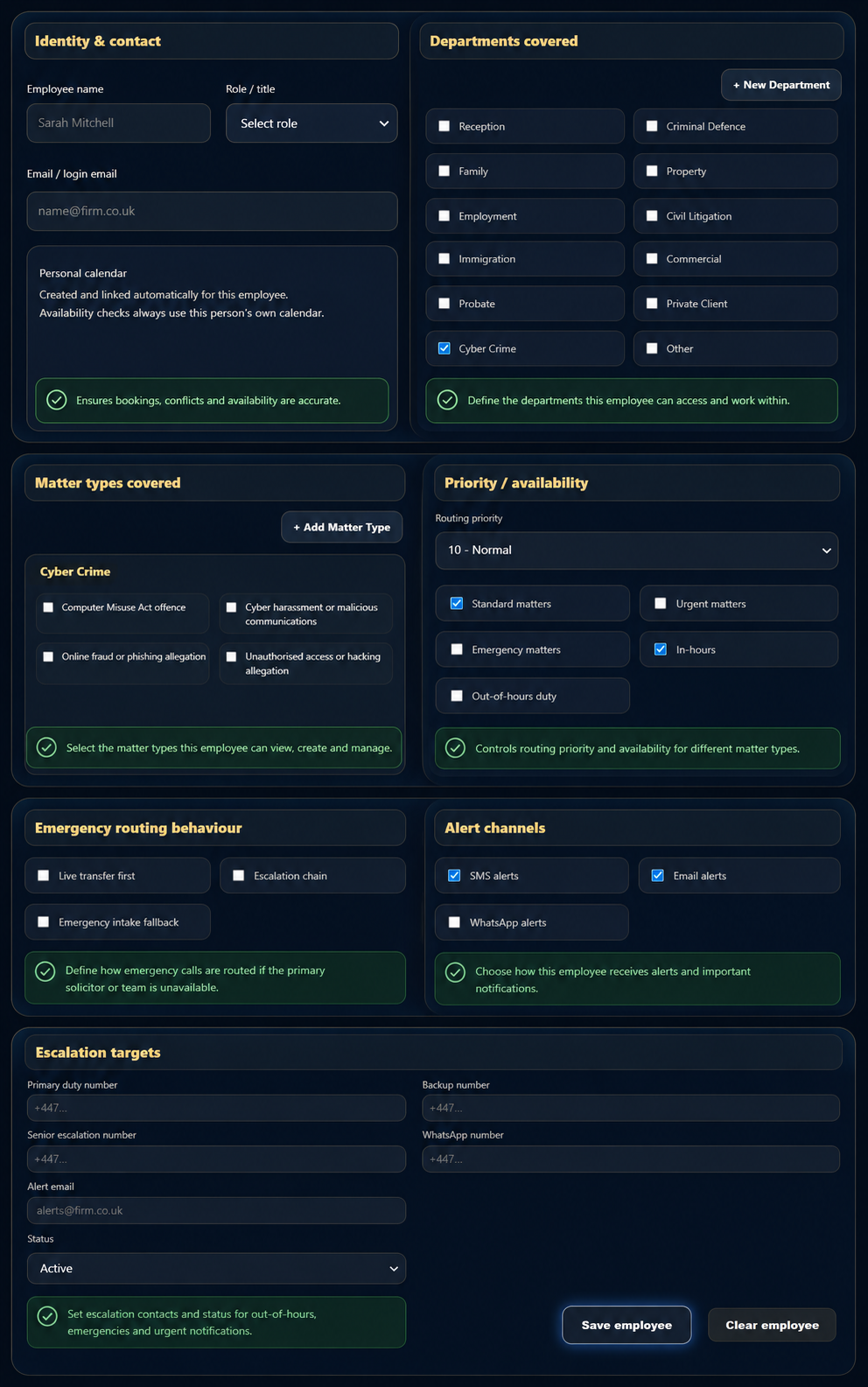 Employee matter coverage routing alerts and escalation setup